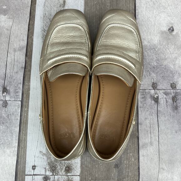 Ugg Shoes Loafers Sz 8 Leather Gold Metallic Slip On Casual Careerwear Glam - Picture 4 of 10